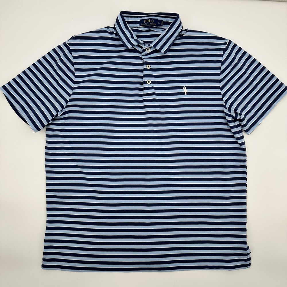 Polo Ralph Lauren Navy Blue Light Blue Striped Polo Shirt Preppy Size Large